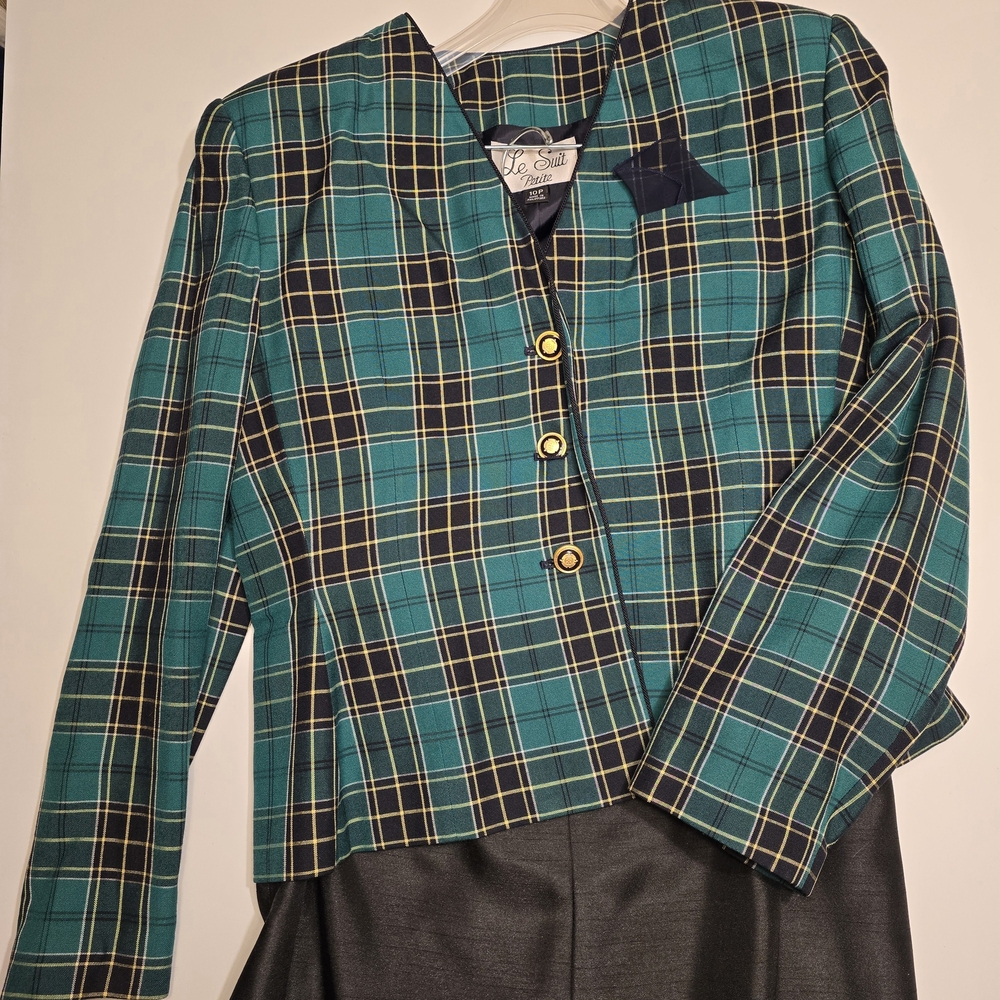 Le Suit Teal and Black Vintage Plaid Blazer And Skirt - Picture 2 of 7